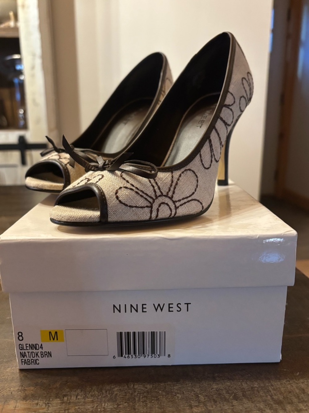 Nine West Beige Floral Peep-Toe Heels with Dark Brown Trim